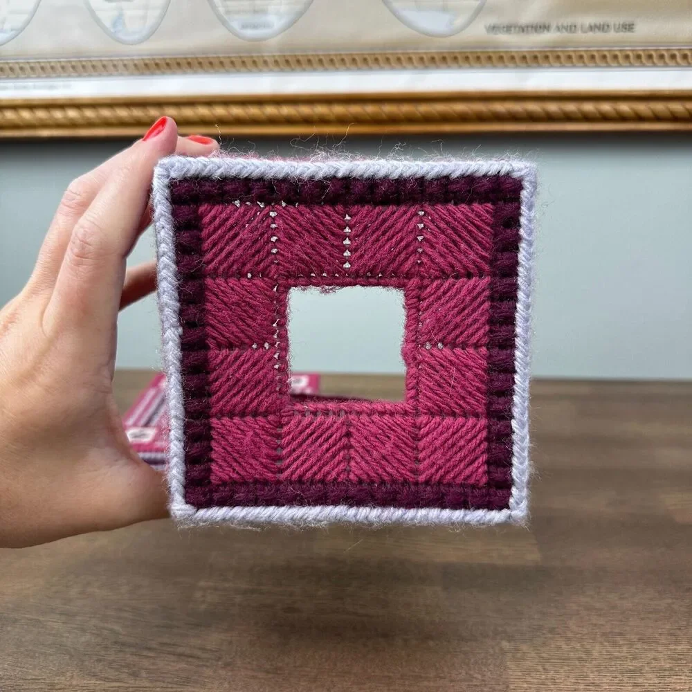 Vtg Handmade Tissue Box Cover + Base Pink Needlepoint Decor Gift Grandma Cottage